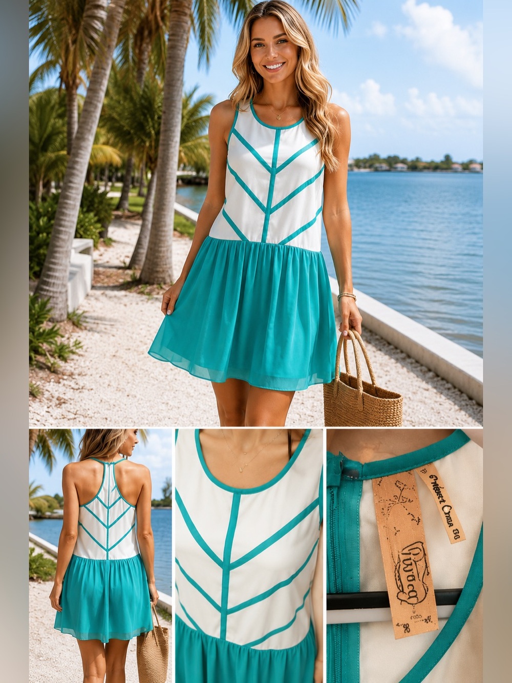 Prevett Boutique Aqua & White Colorblock Chiffon Sleeveless Dress Size Small
